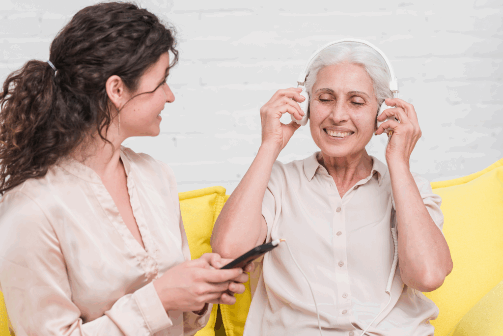 Woman testing her ear after using hearing aids device.