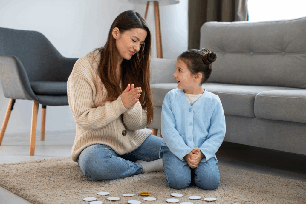 Therapist providing behavioral and communication support to a child .