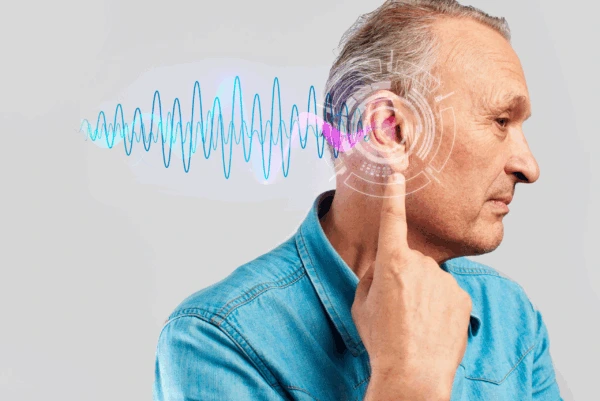 Senior pointing to ear, indicating need for digital hearing aid solutions